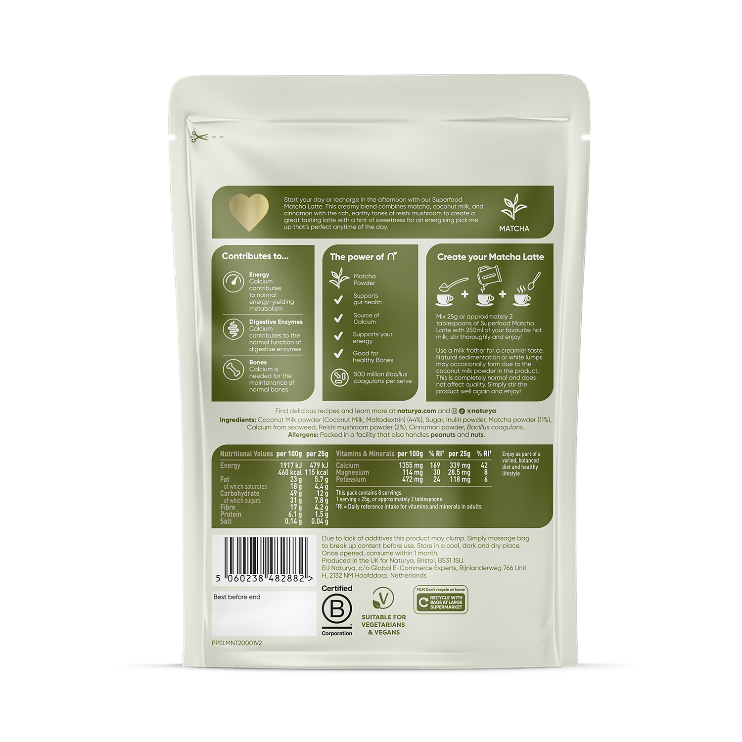 Naturya Matcha Superfood Latte Powder 200g, imported from the UK