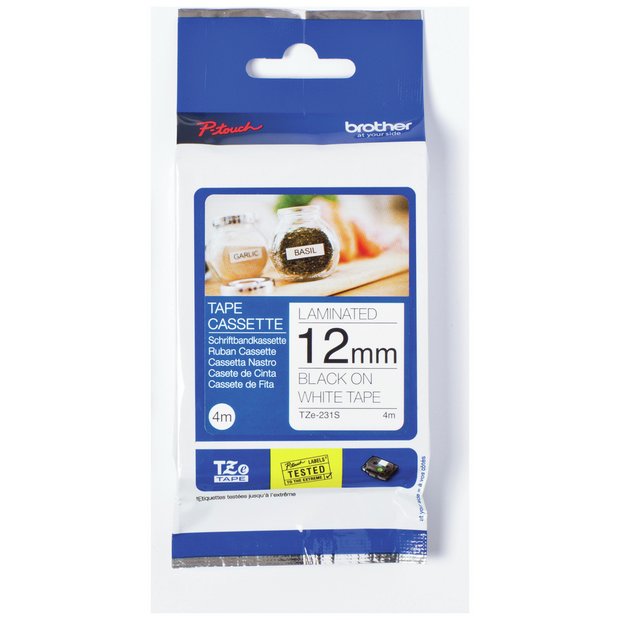 Brother TZE-231S labelling tape 12mm black on white - British product
