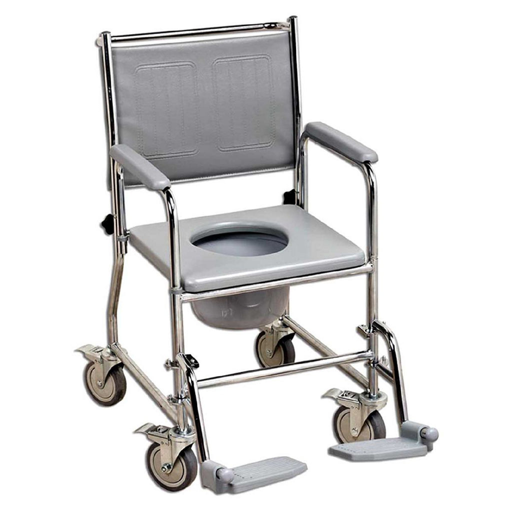 NRS Healthcare Fixed Height Wheeled Commode with Padded Seat and Back Rest Chrome & Grey