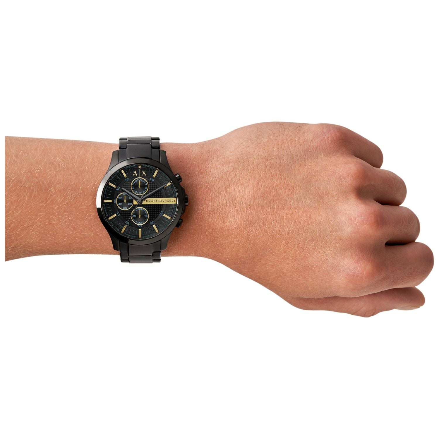 Armani Exchange black steel watch gold-tone accents UK version