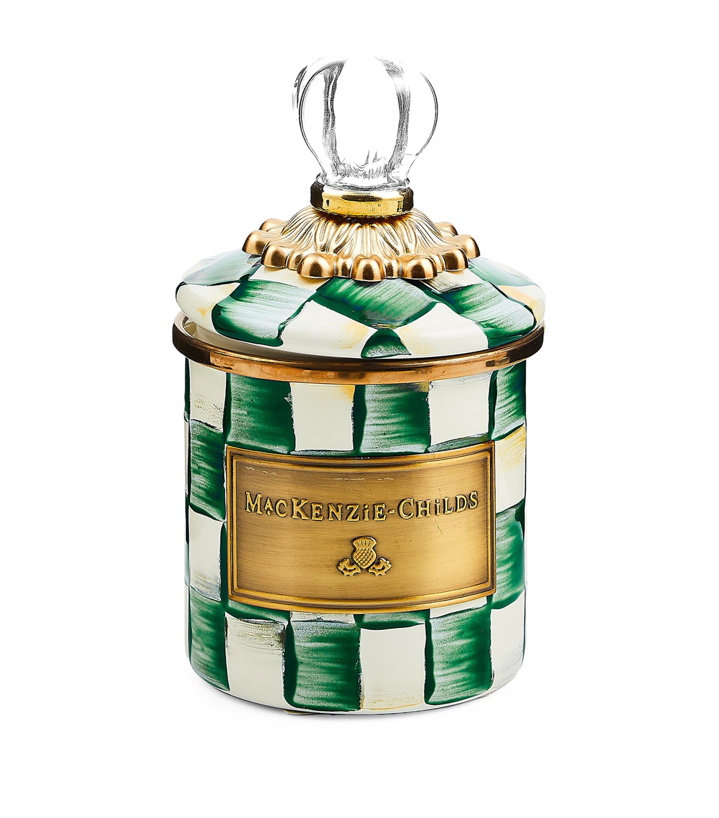 MacKenzie-Childs Emerald Check mini cannister 15cm, imported from the UK