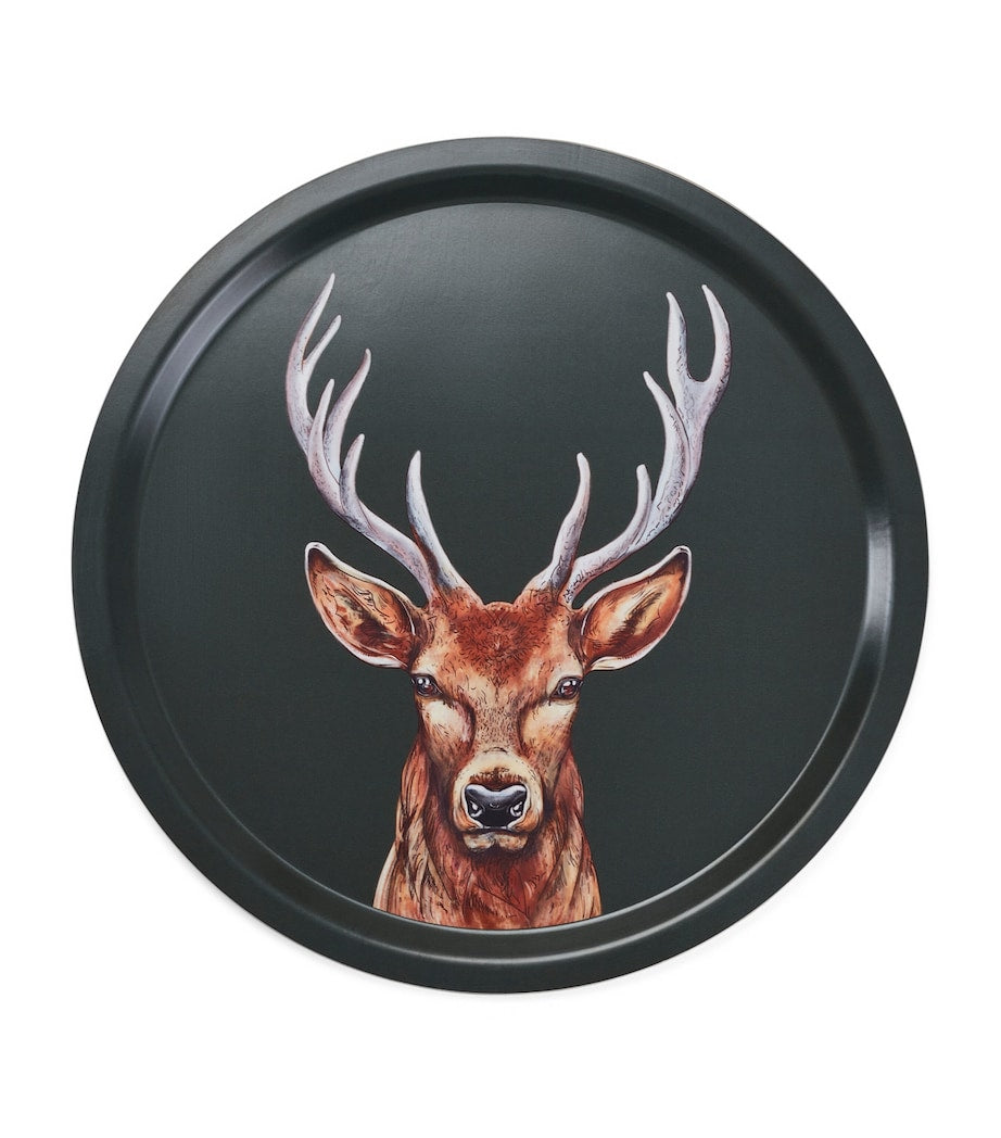 Halcyon Days stag illustration birchwood tray 39cm, imported from the UK