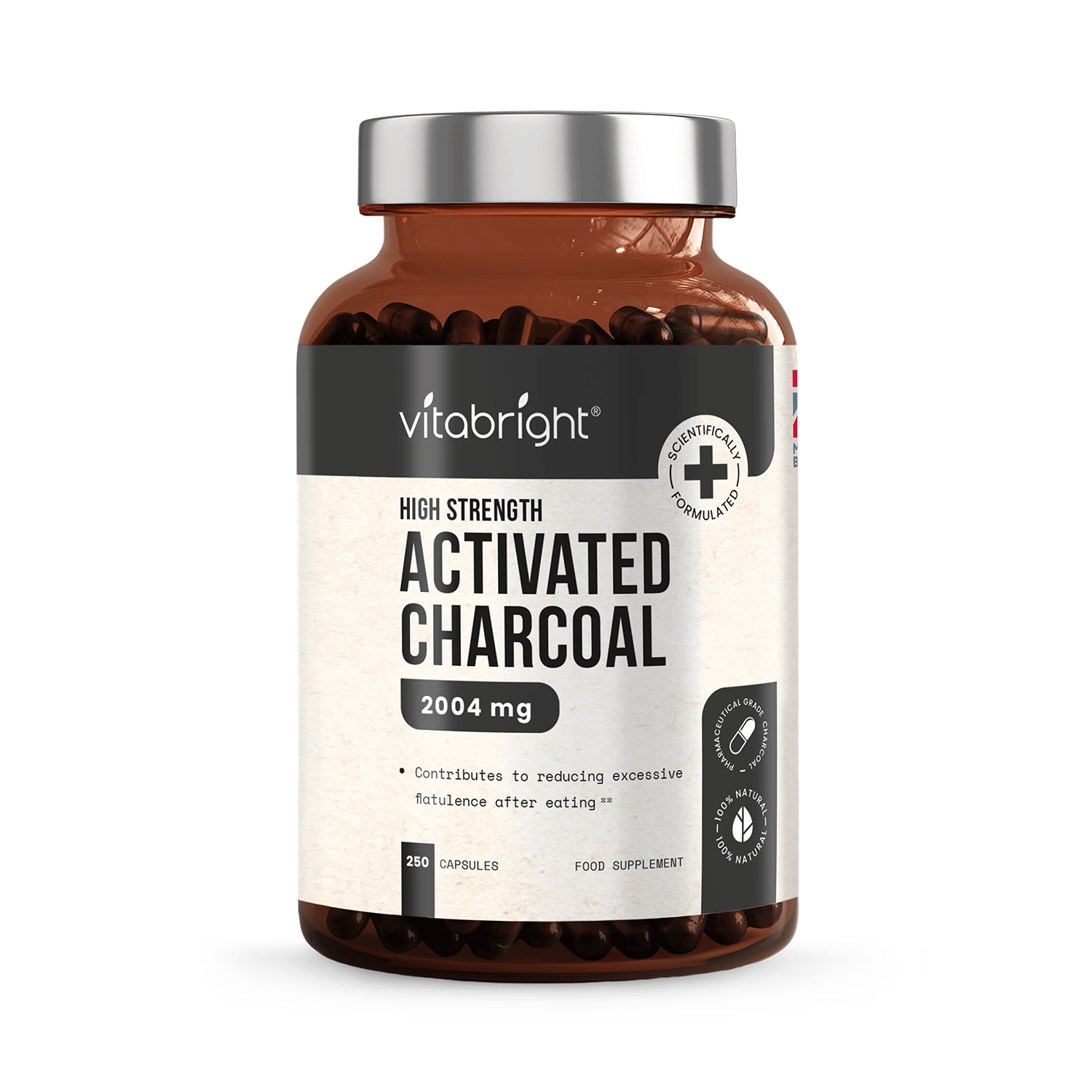 VitaBright charcoal capsules 250 capsules, imported from the UK