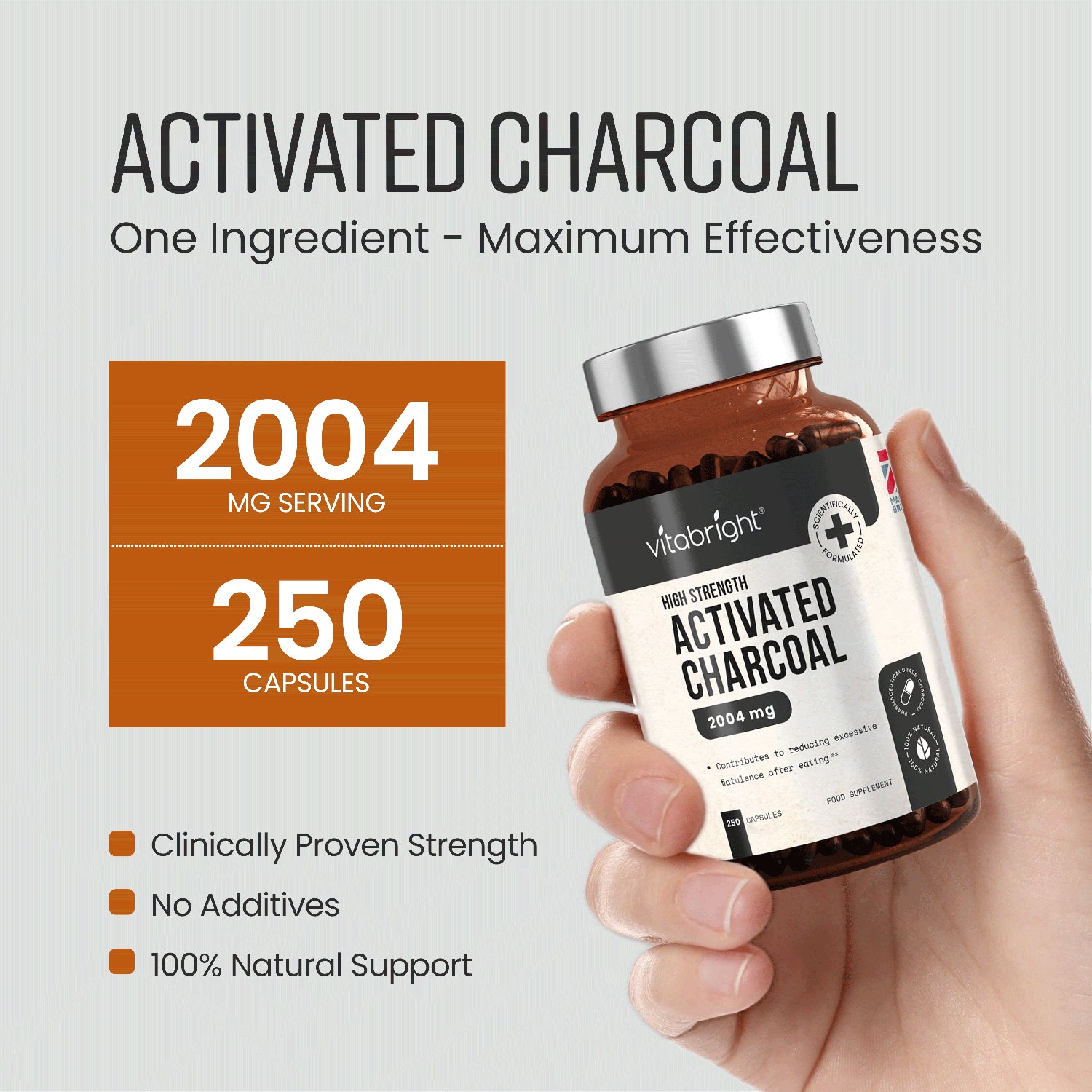 VitaBright charcoal capsules 250 capsules, imported from the UK