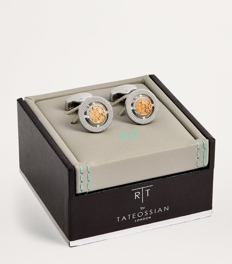 Tateossian cubic zirconia circular cufflinks rhodium-plated (British brand)