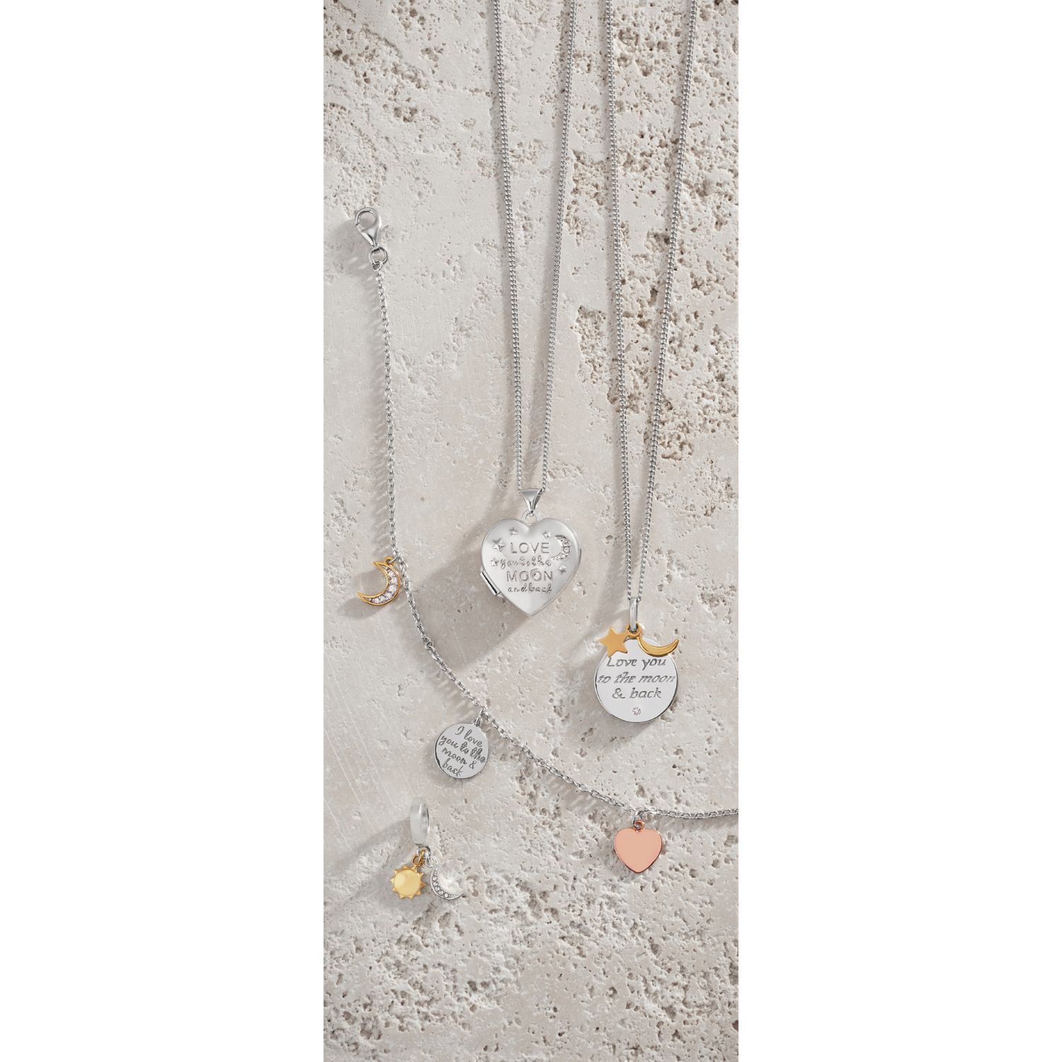Moon & Back silver heart locket with cubic zirconia and chain - British product