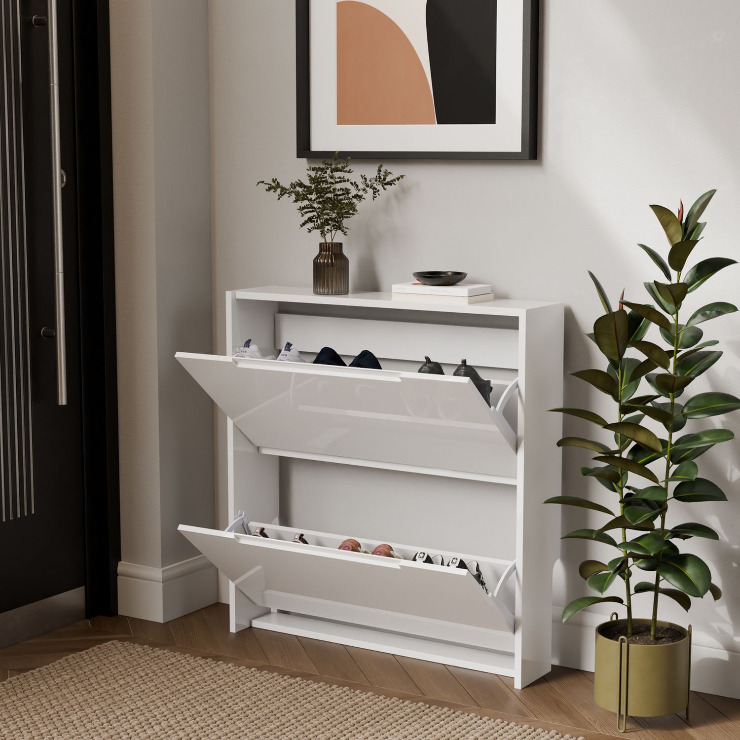 GFW narrow gloss white shoe cabinet for hallway storage (British brand)