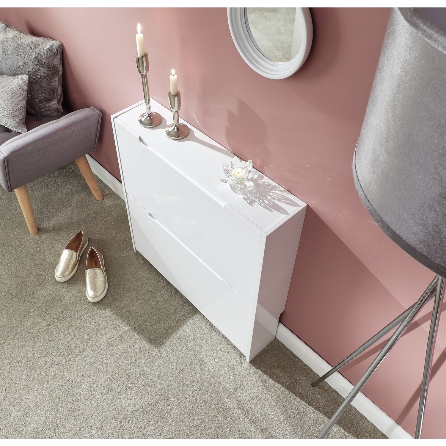 GFW narrow gloss white shoe cabinet for hallway storage (British brand)