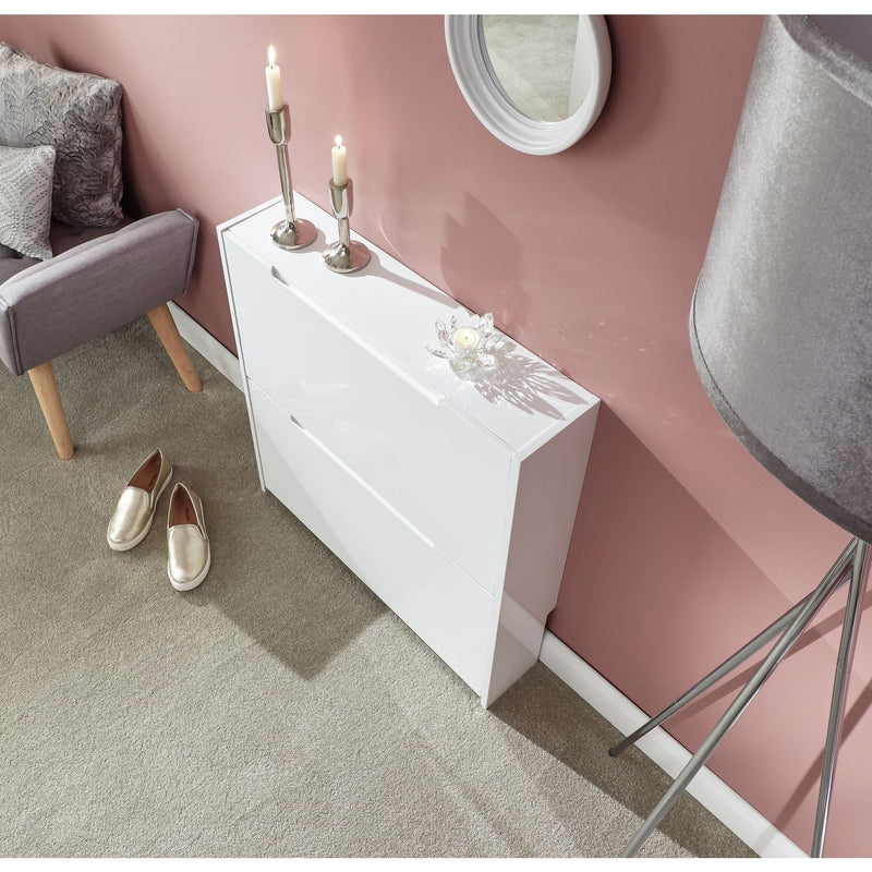 GFW narrow gloss white shoe cabinet for hallway storage (British brand)