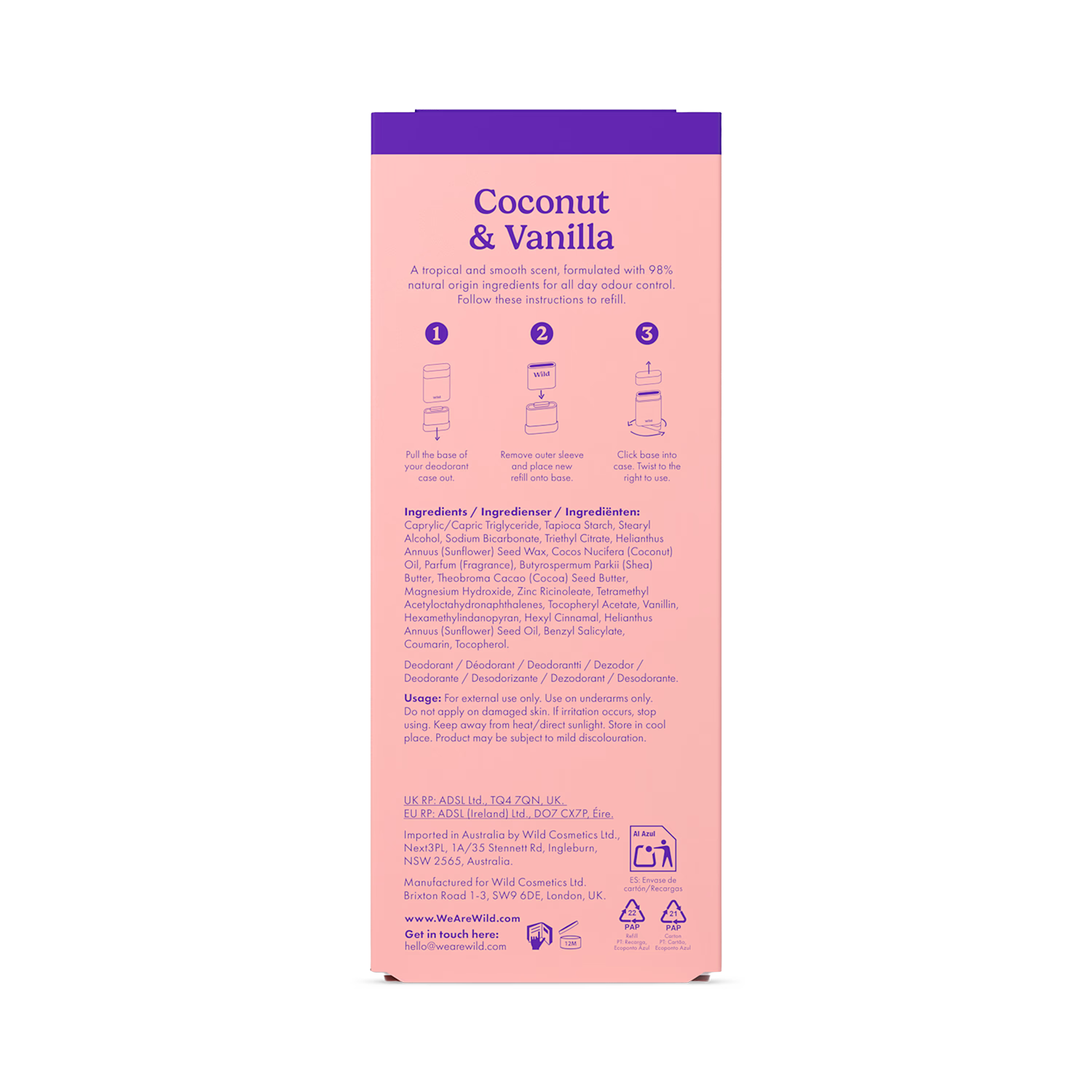 WILD Coconut & Vanilla deodorant starter pack with reusable case (British brand)