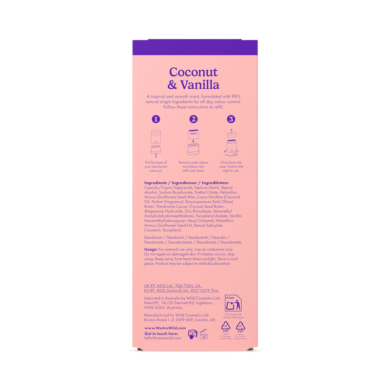 WILD Coconut & Vanilla deodorant starter pack with reusable case (British brand)