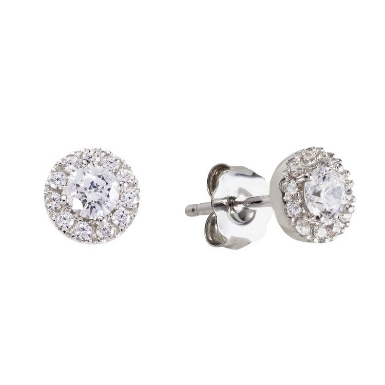 Revere 9ct white gold cubic zirconia halo stud earrings, imported from the UK