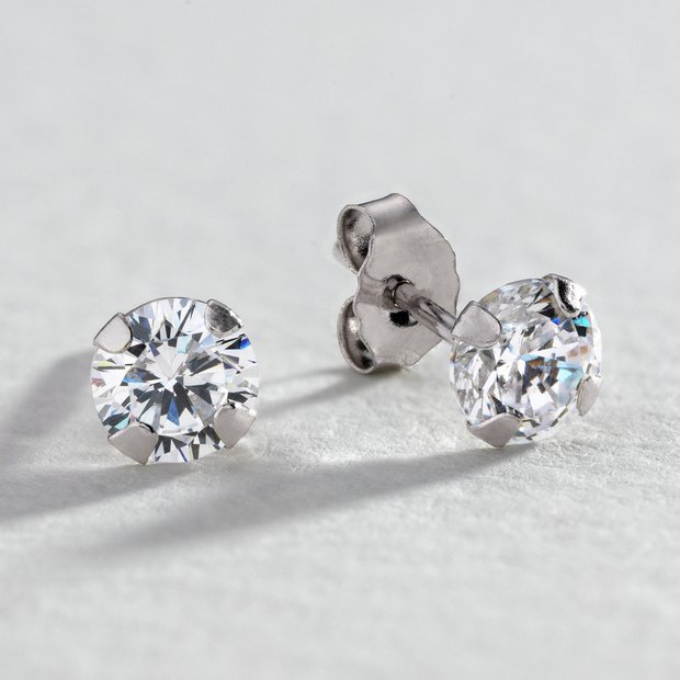 Revere 9ct white gold cubic zirconia stud earrings 4mm (British brand)