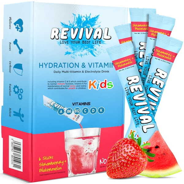 Revival kids multivitamin drink strawberry water flavour 6-pack, imported from the UK