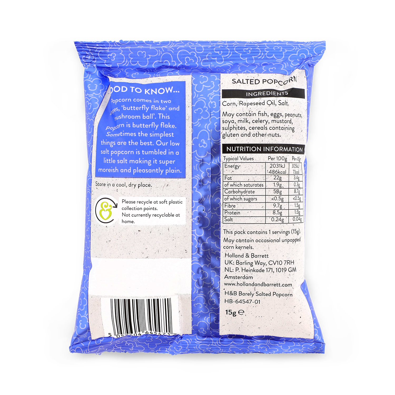 Holland & Barrett barely salted popcorn 15g, UK version