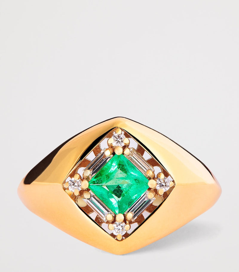 Suzanne Kalan yellow gold emerald diamond signet ring, imported from the UK