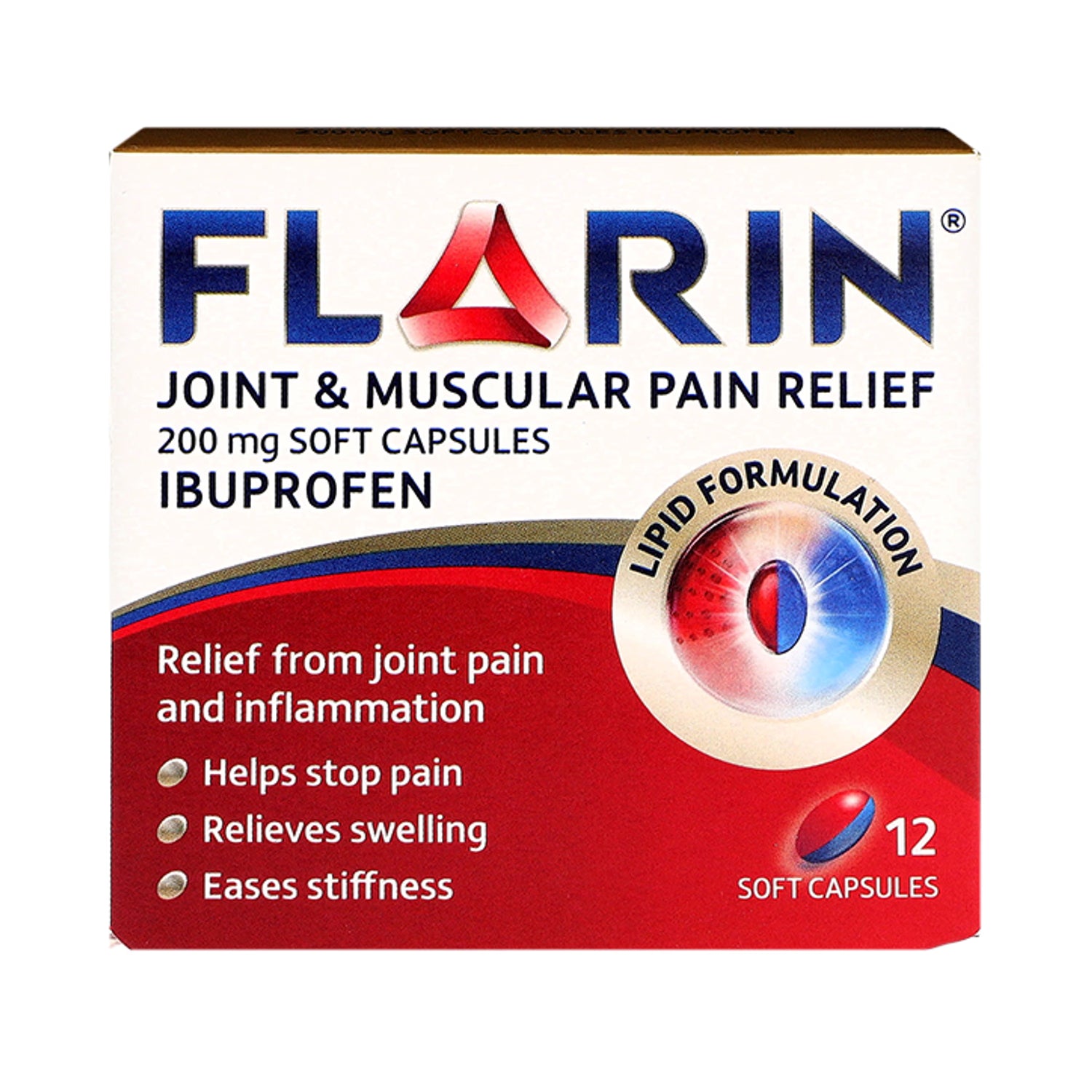 Flarin 200mg soft pain relief capsules, 12 count - British product