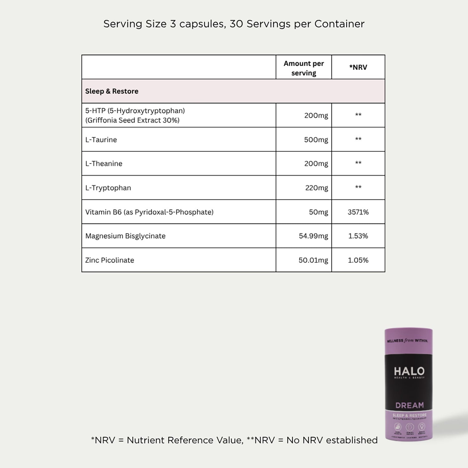 Halo Dream sleep supplement 90 capsules (British brand)