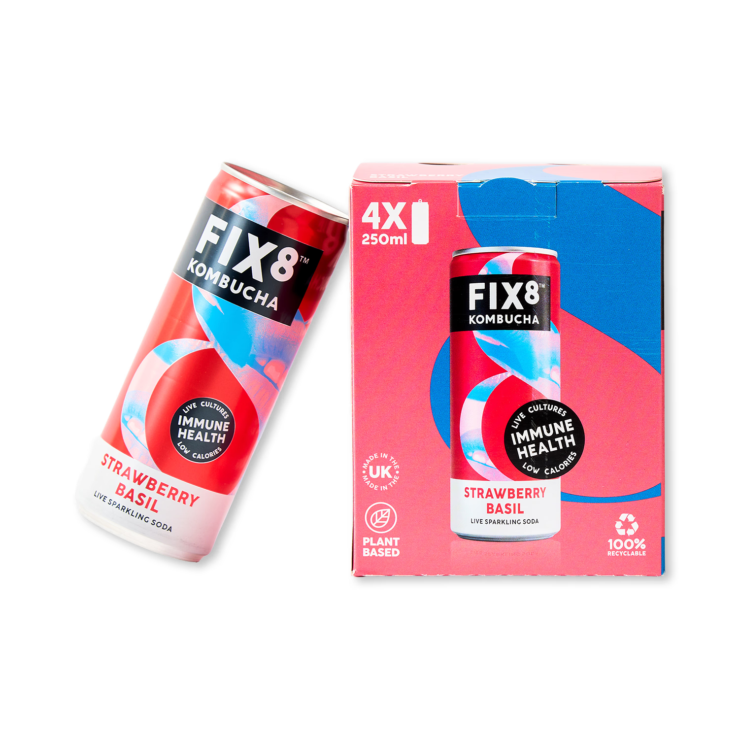 Fix8 kombucha Strawberry Basil 4x250ml, imported from the UK