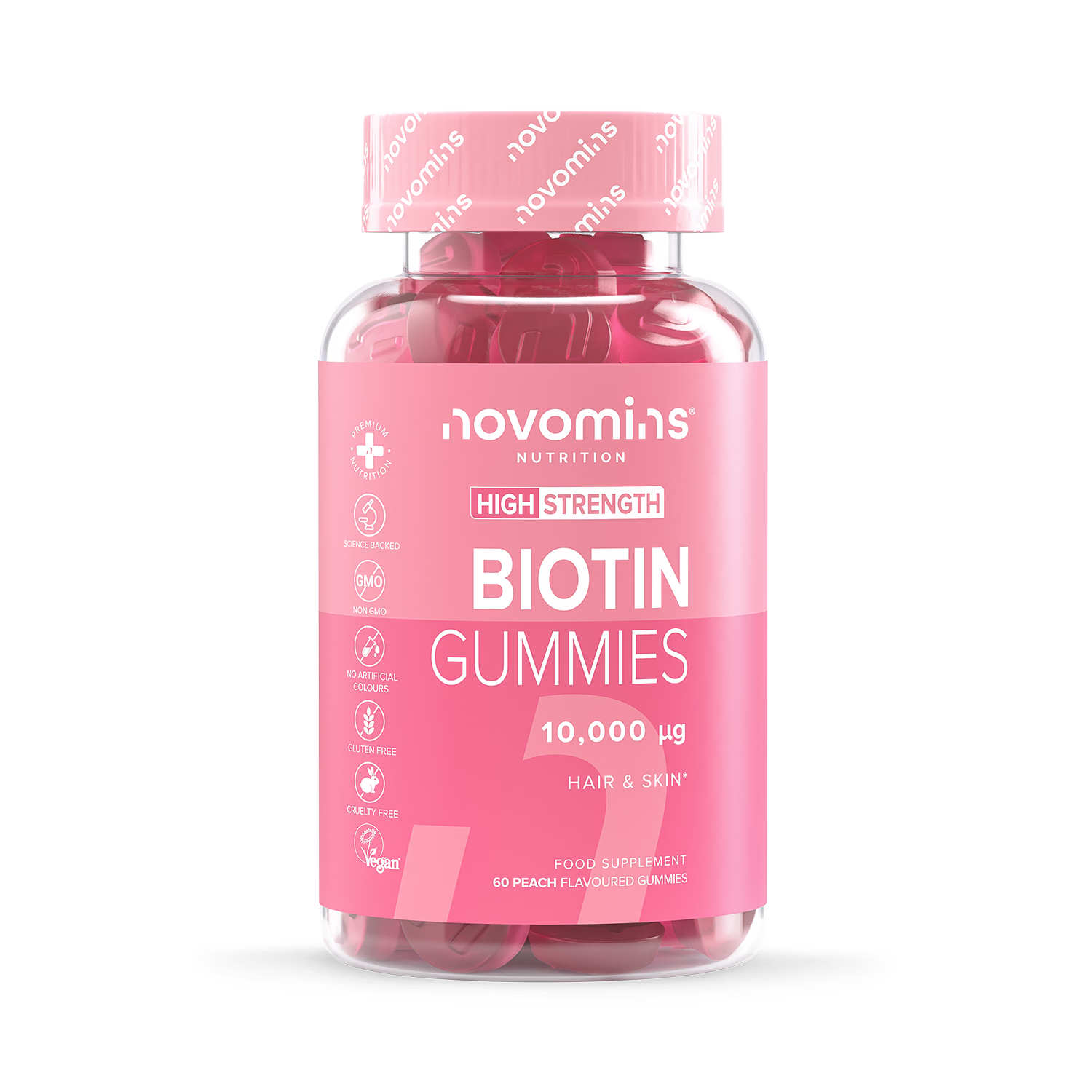 Novomins biotin gummies peach flavoured 60 gummies, imported from the UK