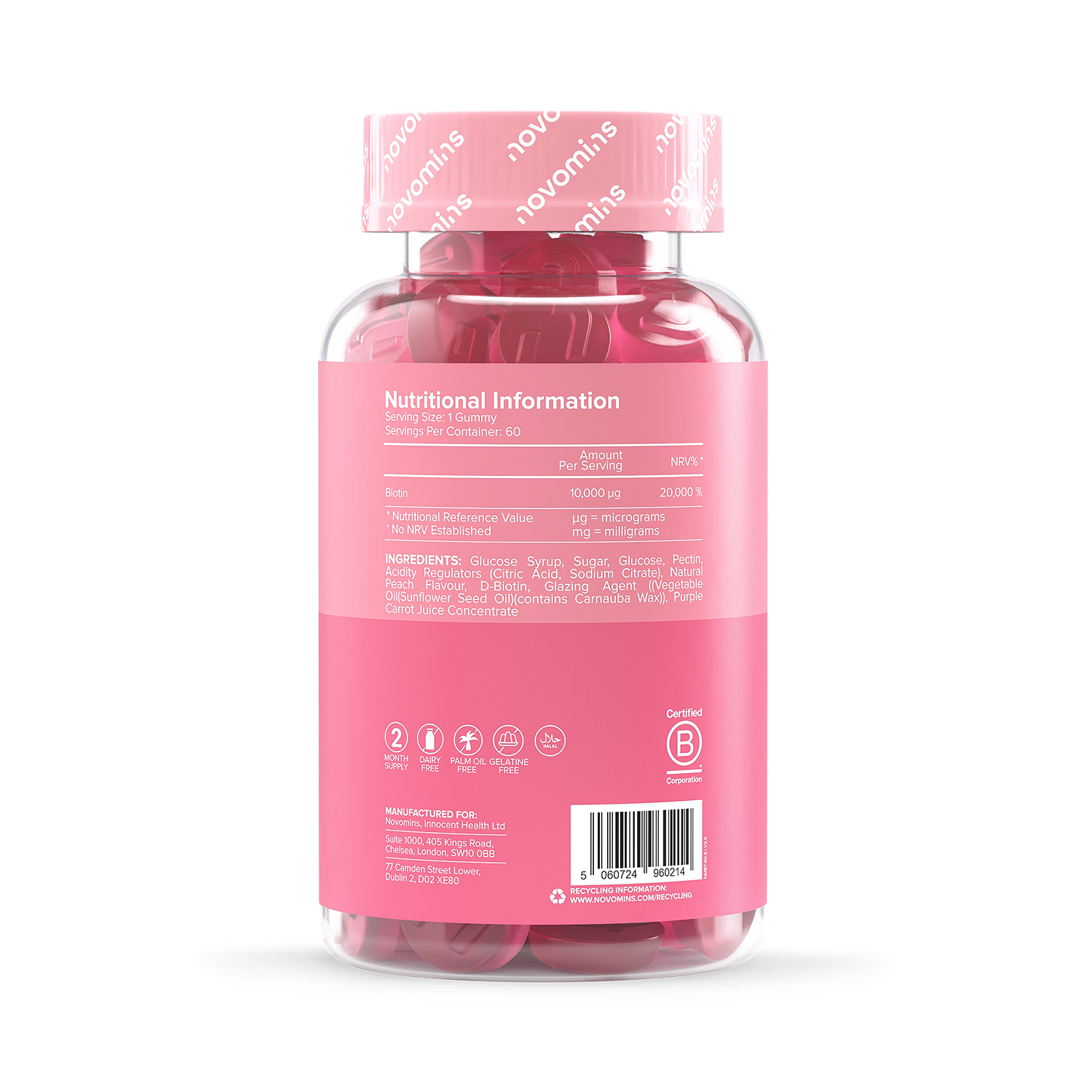 Novomins biotin gummies peach flavoured 60 gummies, imported from the UK