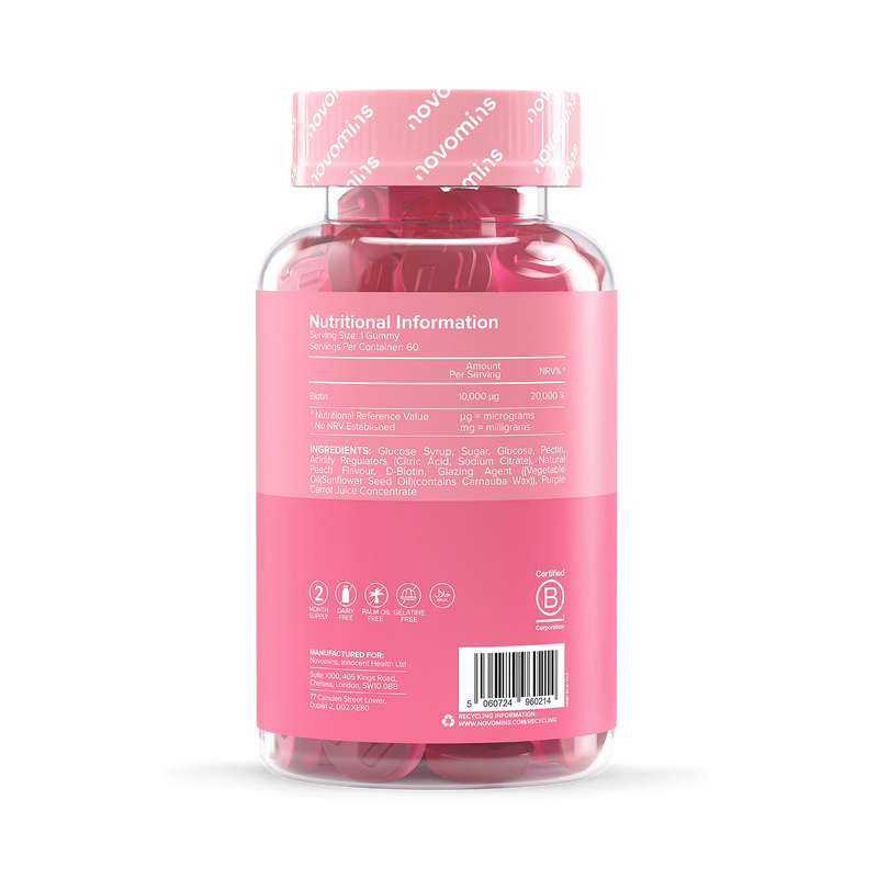Novomins biotin gummies peach flavoured 60 gummies, imported from the UK