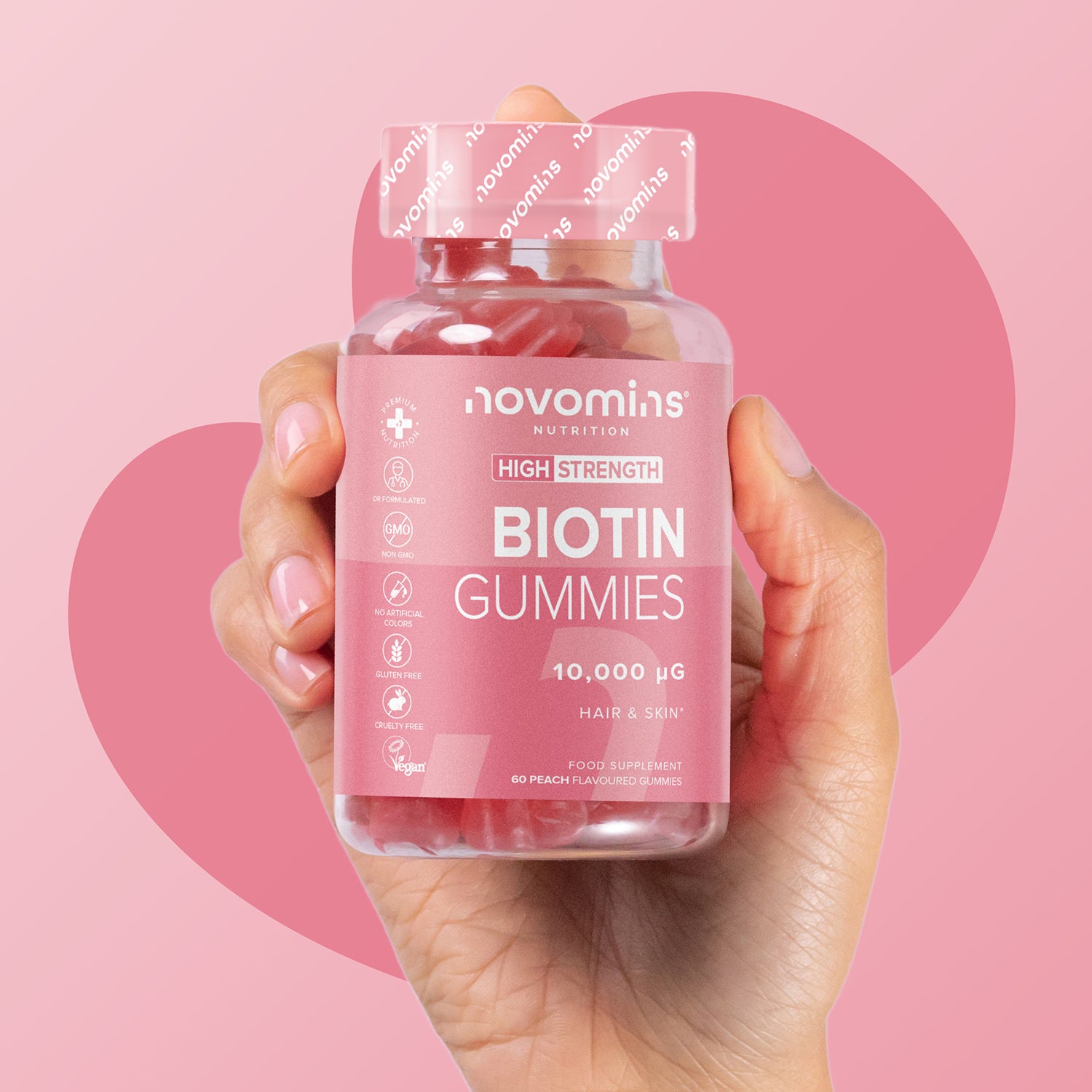 Novomins biotin gummies peach flavoured 60 gummies, imported from the UK