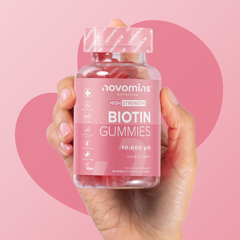 Novomins biotin gummies peach flavoured 60 gummies, imported from the UK