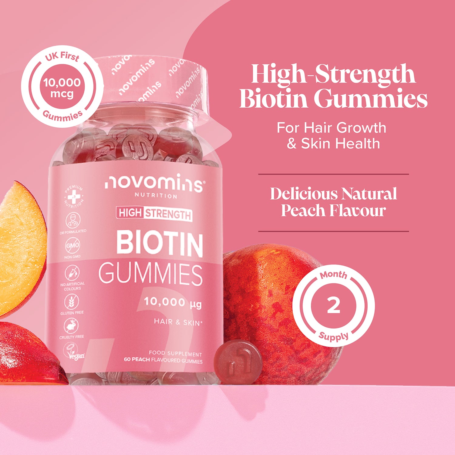 Novomins biotin gummies peach flavoured 60 gummies, imported from the UK