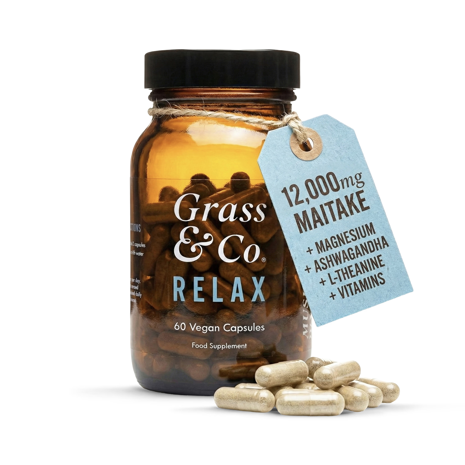 Grass & Co. RELAX Maitake Mushrooms with Ashwagandha + Magnesium 60 Vegan Capsules