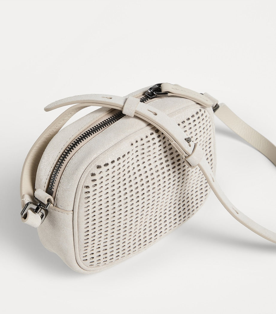 Brunello Cucinelli Kids suede laser cut-out cross-body bag, imported from the UK