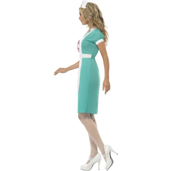 Smiffys scrub nurse costume green dress mock apron headpiece (British brand)