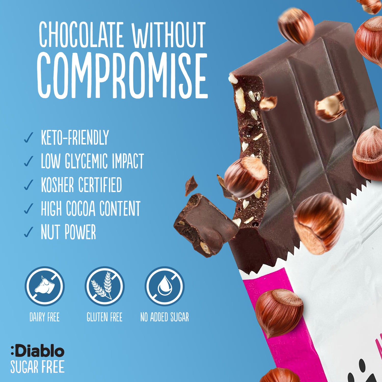 Diablo no added sugar dark chocolate hazelnuts 85g - British product