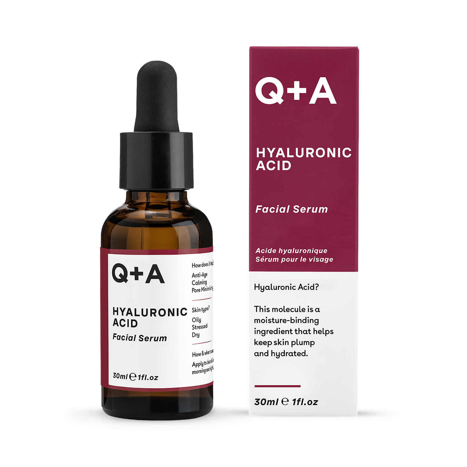 Q+A Hyaluronic Facial Serum 30ml for skin hydration (British brand)
