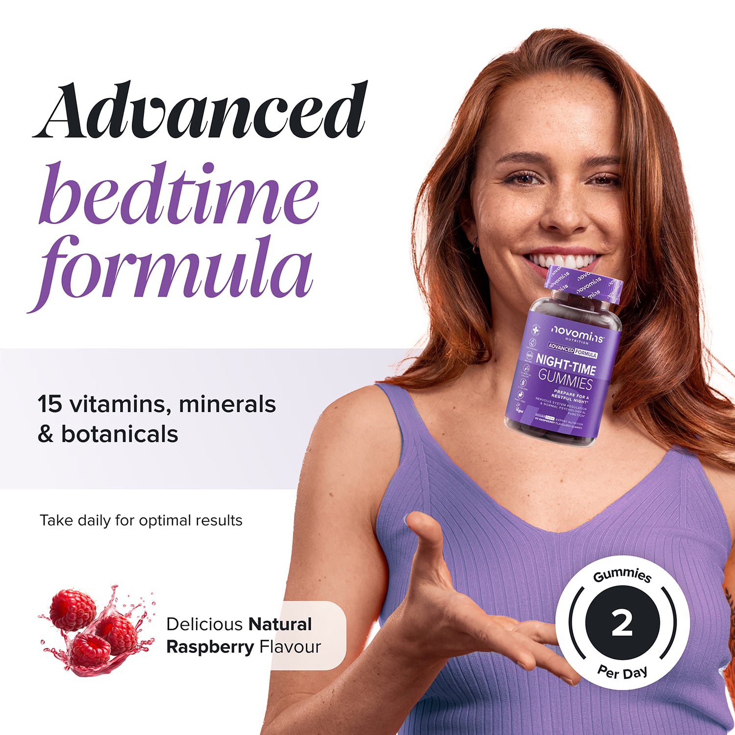 Novomins Night Time Raspberry Gummies 60, imported from the UK