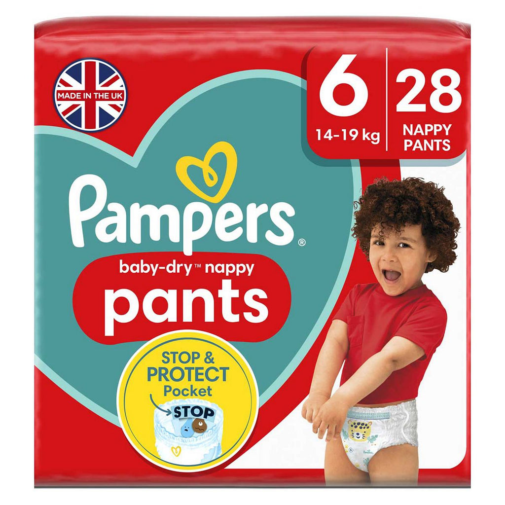 Pampers Baby-Dry Nappy Pants Size 6, 28 Nappies, 15kg+, Essential Pack