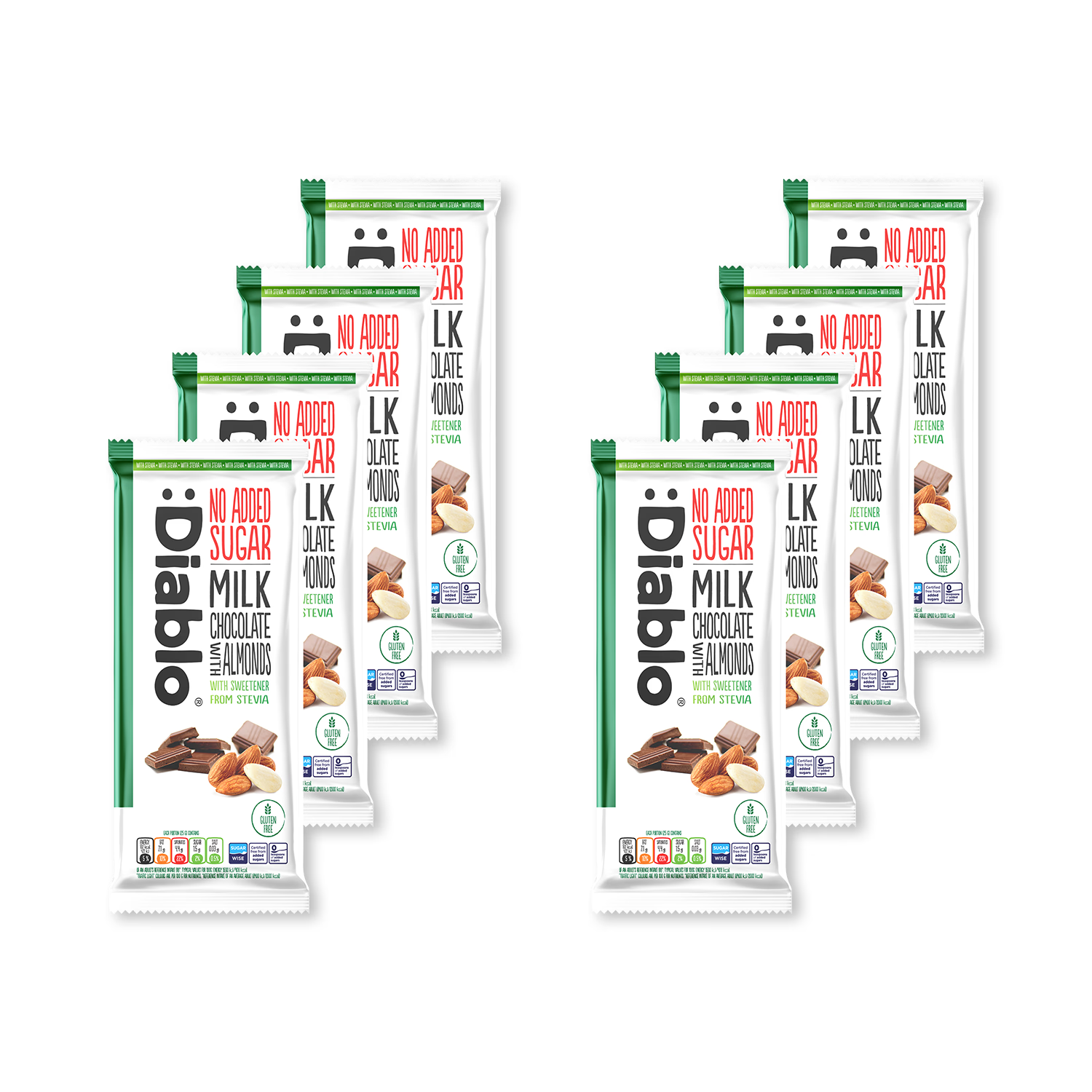 Diablo no added sugar milk chocolate almonds 8 bar pack, imported from the UK