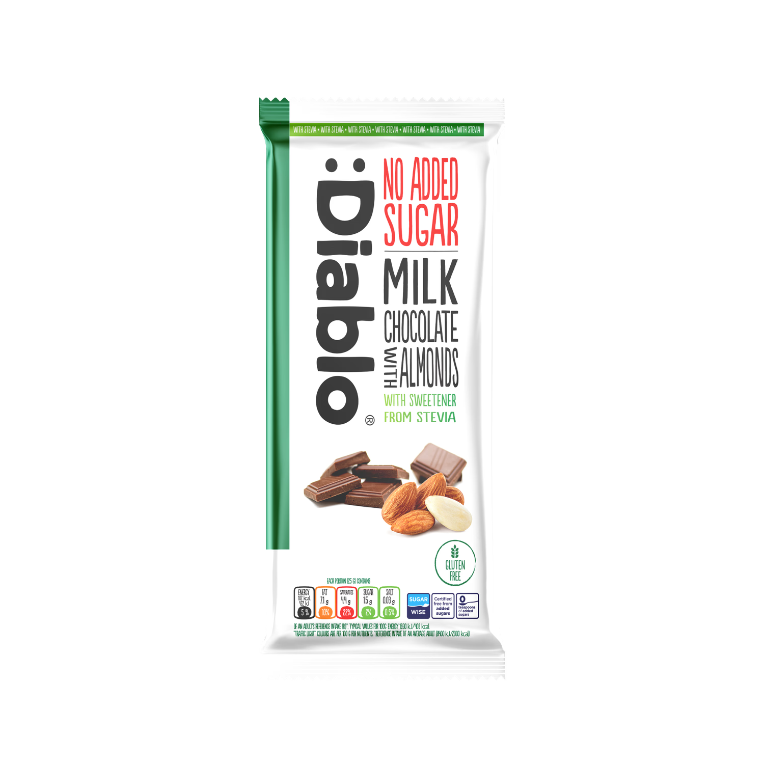 Diablo no added sugar milk chocolate almonds 8 bar pack, imported from the UK