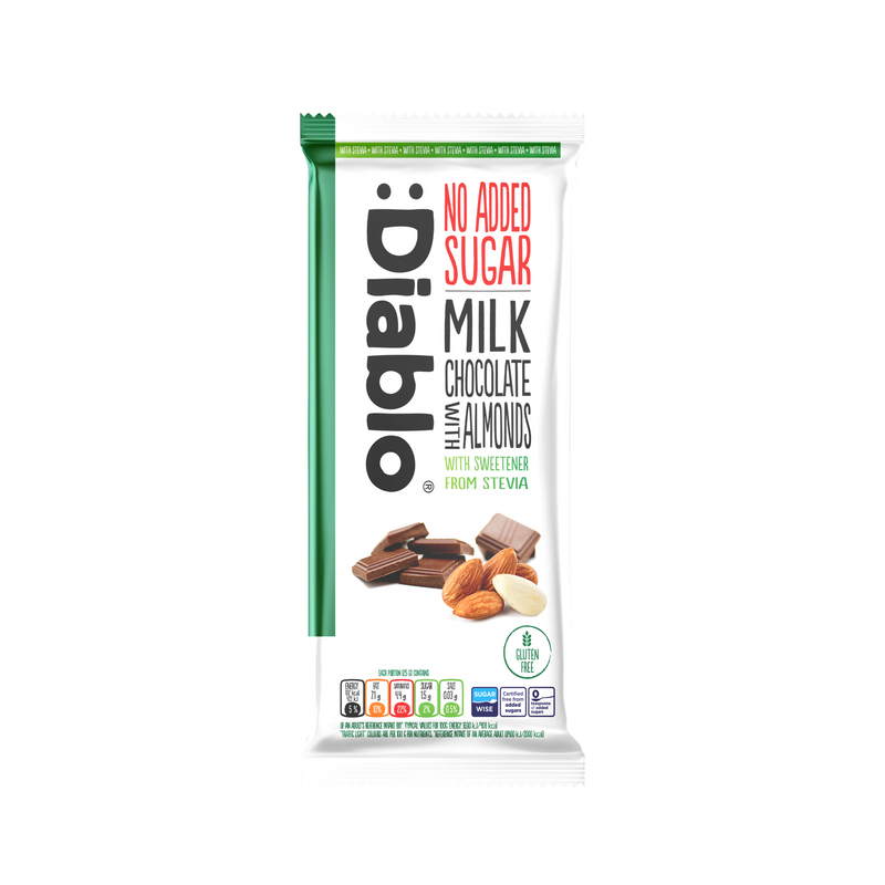 Diablo no added sugar milk chocolate almonds 8 bar pack, imported from the UK