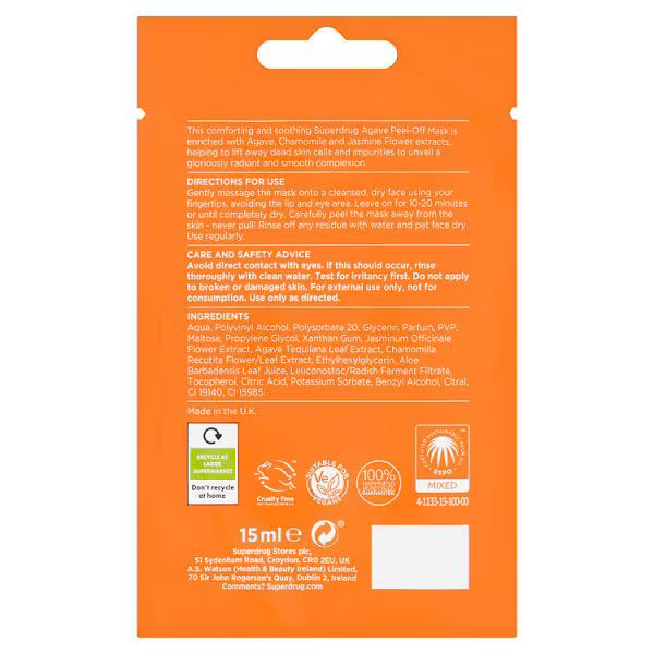 Superdrug Agave peel off face mask 15ml (British brand)