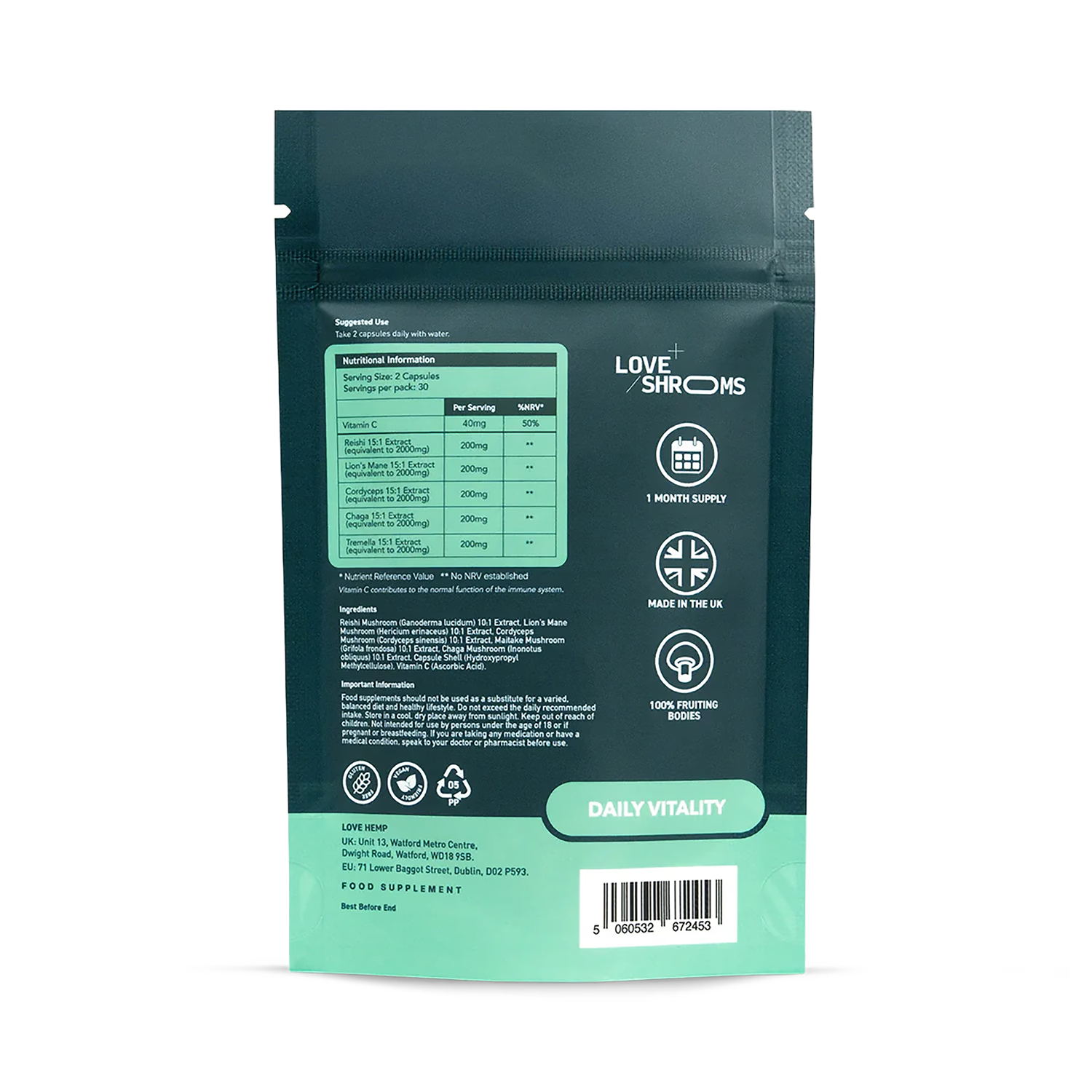 Love Health multi blend mushroom capsules 60ct, UK version
