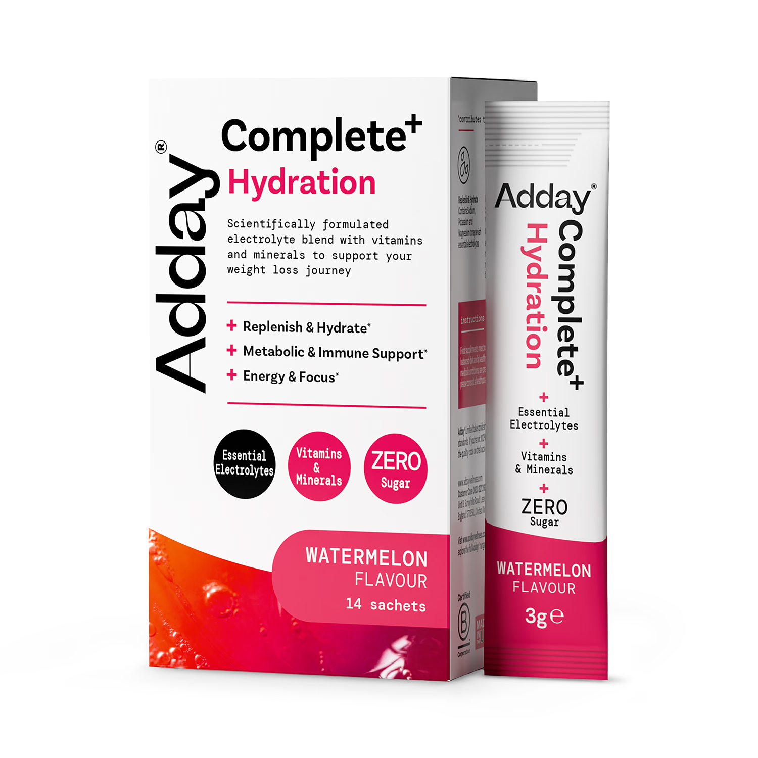 Adday Complete+ Hydration watermelon electrolyte drink mix 14 sachets (British brand)