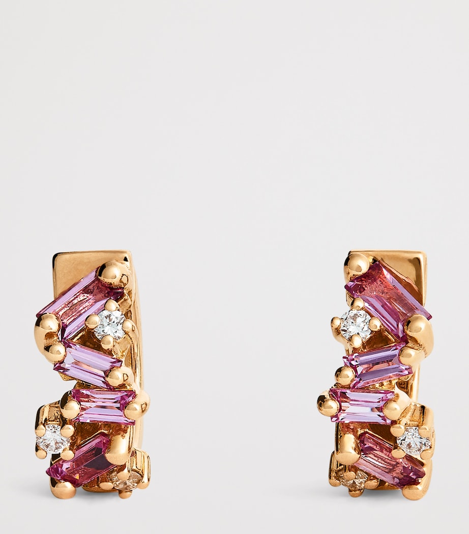 Suzanne Kalan Frenzy huggie earrings in rose gold with diamond and pink sapphire (British brand)