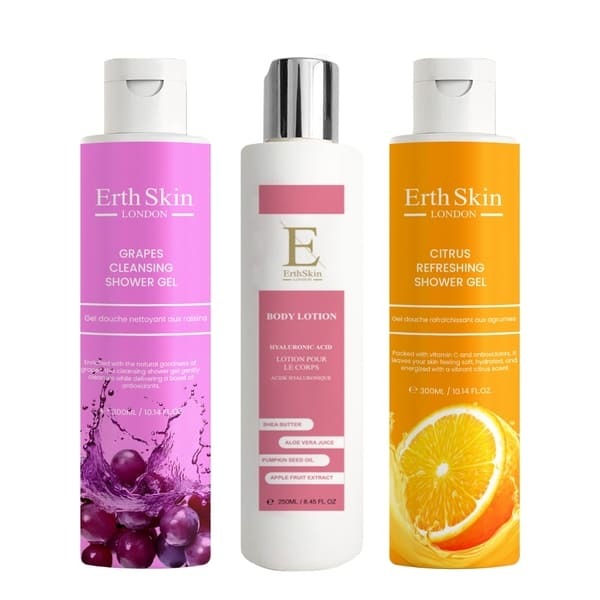 Erth Skin London shower gels and collagen body lotion set - British product