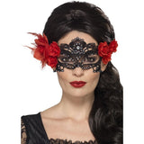 Smiffys Day of Dead lace filigree eyemask black roses feather, UK version