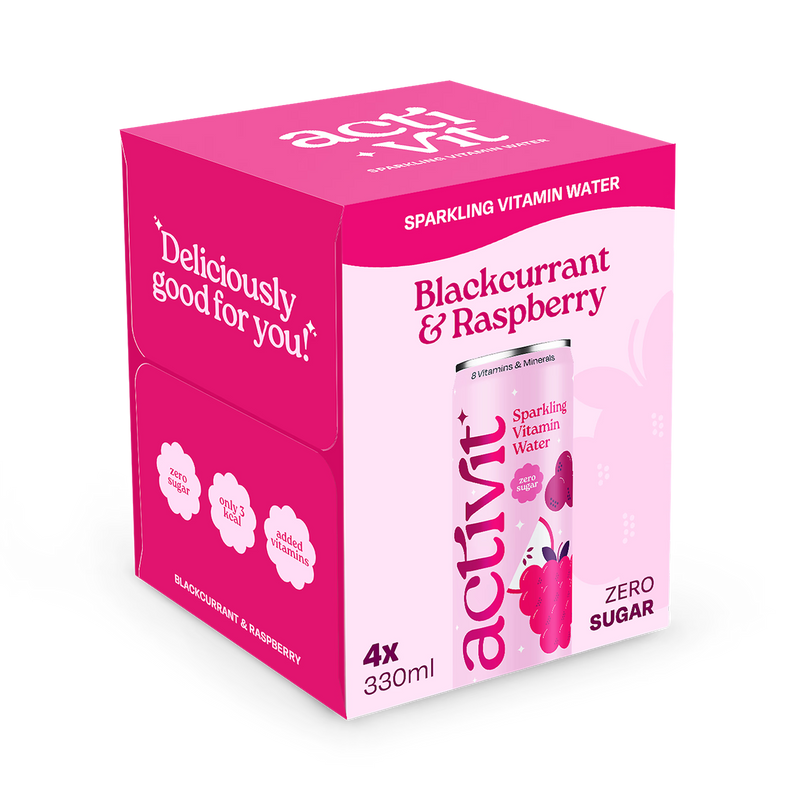 Activit Sparkling Vitamin Water Blackcurrant Raspberry 4x330ml (British brand)
