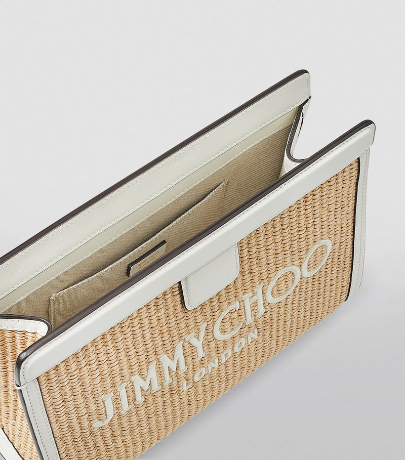 Jimmy Choo raffia leather-trim Avenue pouch, UK version