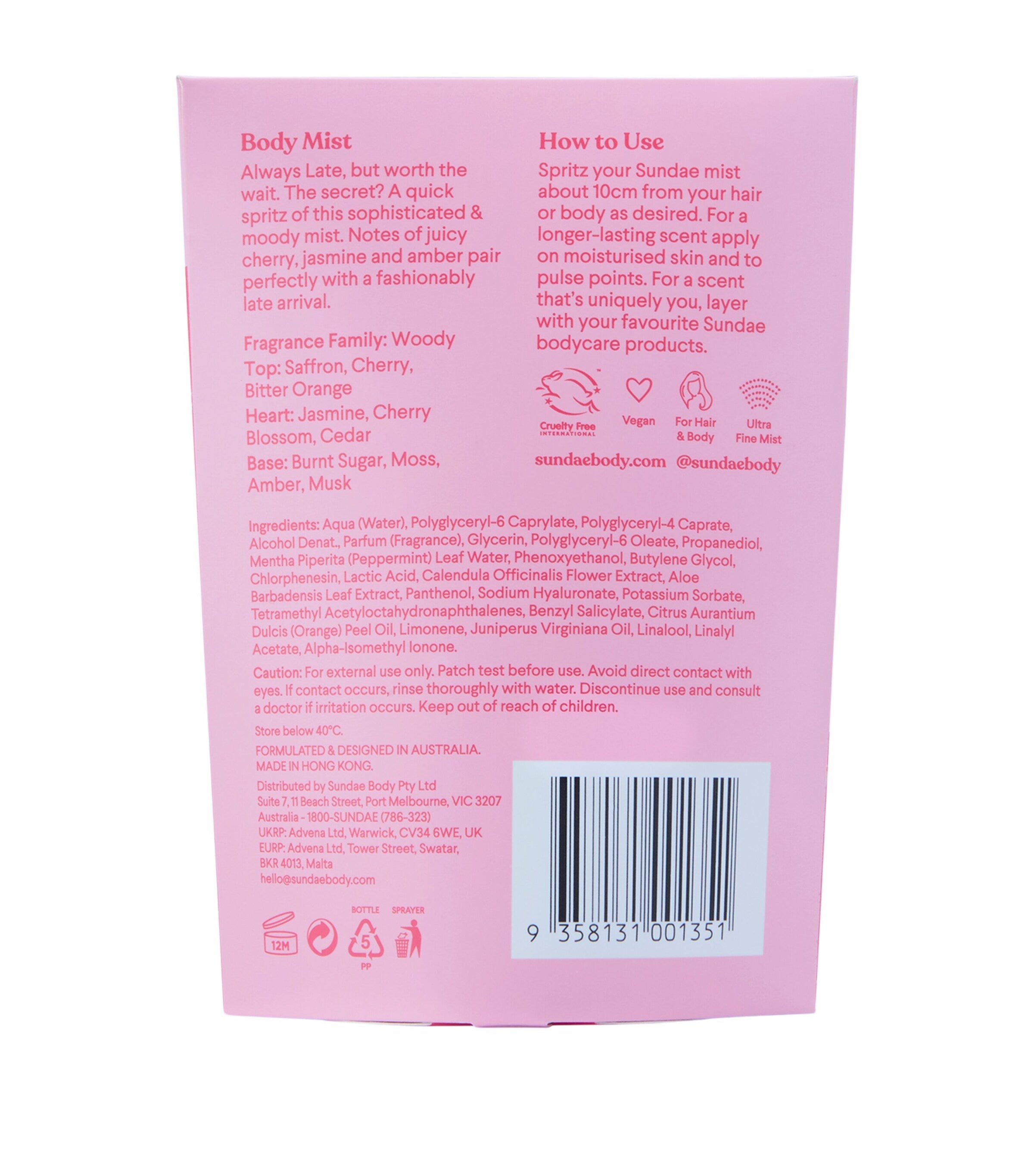 Sundae Body Always Late Hair & Body Mist 90ml (British brand)