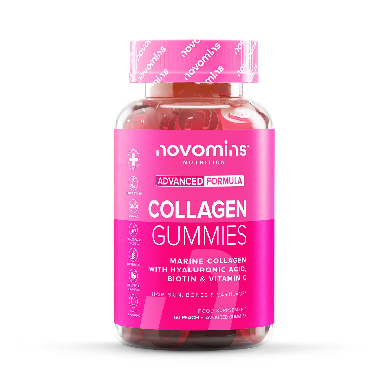 Novomins collagen peach flavoured gummies 60 count, UK version