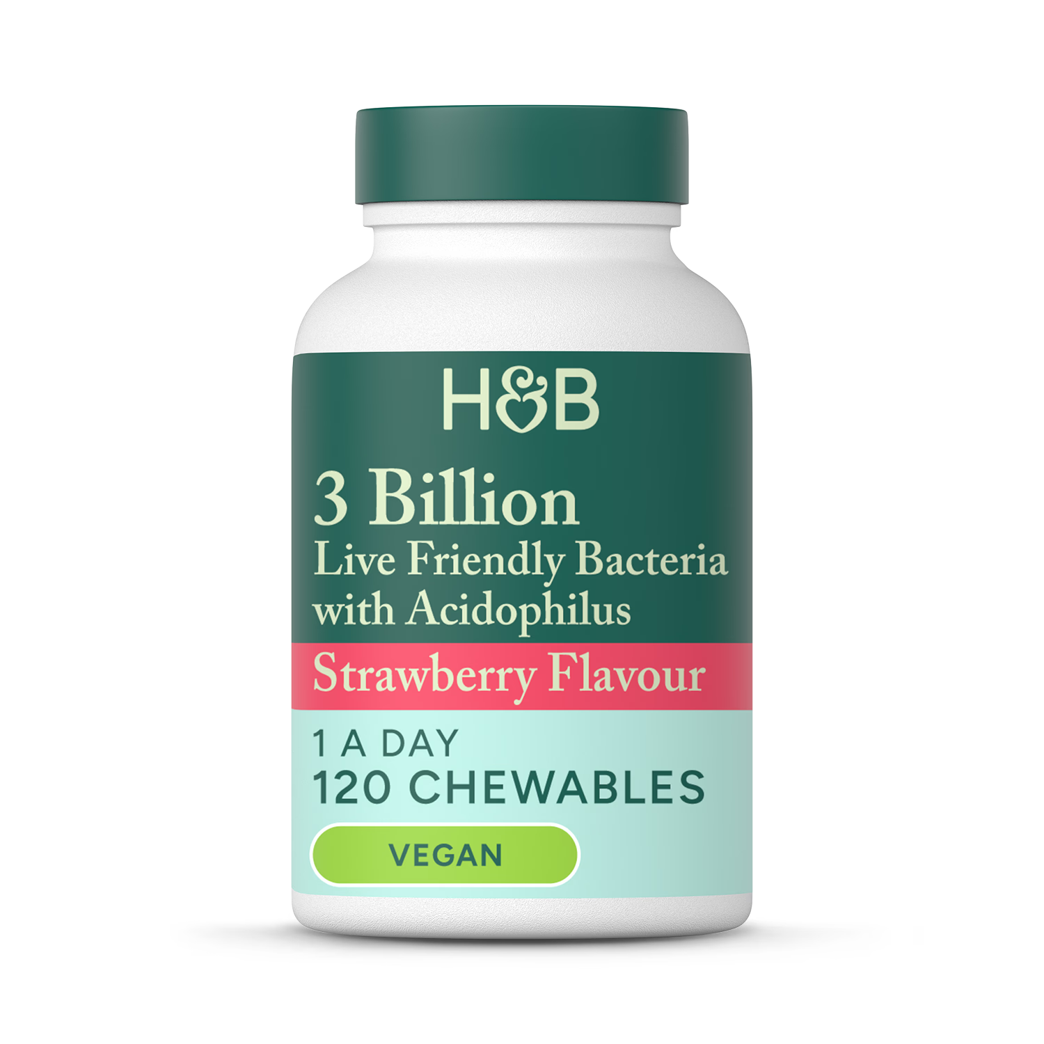 Holland & Barrett chewable Acidophilus Strawberry probiotic 120 tablets, UK version
